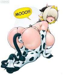 ! absurdres all_fours anal_tail animal_ears animal_print artist_name ass ass_focus bell blonde_hair blush breasts cow_ears cow_horns cow_print cow_tail cowbell elbow_gloves elegg_(nikke) fake_tail feet female fenixman12 full_body gloves goddess_of_victory:_nikke hair_intakes hair_over_eyes highres horns huge_breasts long_bangs looking_at_viewer medium_hair multicolored_hair neck_bell oerba_yun_fang open_mouth simple_background skin_fang solo speech_bubble spoken_exclamation_mark sweat tail thick_thighs thighhighs thighs two-tone_hair white_background white_thighhighs