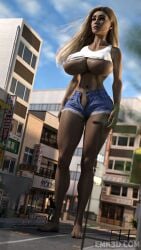 1girls 3d 3d_(artwork) barefeet barefoot big_breasts blonde_female blonde_hair blonde_hair_female breasts building buildings city clothed clothed_female emk3d female female_focus female_only giantess huge_boobs huge_breasts light-skinned_female light_skin long_hair solo solo_female solo_focus tight_clothing underboob unzipped_pants unzipped_shorts