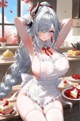 absurd_res ai_generated alternate_costume apron armpits arms_behind_head arms_up bangs blush braid braided_ponytail breasts cake cleavage closed_mouth covered_nipples female flower food frilled_apron frills genshin_impact heart heart-shaped_pupils indoors large_breasts looking_at_viewer ministro naked_apron petals plate ponytail shenhe_(genshin_impact) sitting smile solo symbol-shaped_pupils thighhighs thighs white_apron white_thighhighs window