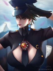 1girls bayonetta_(character) bayonetta_2 black_hair blue_eyes breasts brooch earrings gloves hat large_breasts lolliedrop mole mole_under_mouth necktie nintendo police police_uniform policewoman saluting short_hair