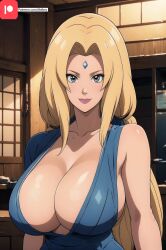 1girls ai_generated big_breasts blonde_hair cleavage clothed female huge_breasts long_hair looking_at_viewer milf naruto solo tktbro tsunade very_long_hair