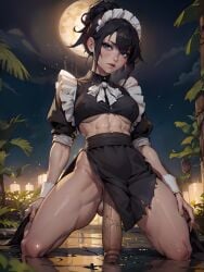 1futa ai_generated athletic athletic_futanari balls big_penis black_hair dark_eyes dickgirl futa_only futanari hair_bun maid maid_headdress maid_uniform medium_breasts midriff moon narberal_gamma night on_knees overlord_(maruyama) solo solo_futa stable_diffusion testicles thick_thighs torn_clothes underboob veritai