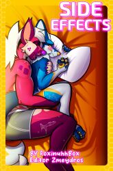 absurd_res anthro bed blip_(foxinuhhbox) canid canine canis comic cover cuddling digital_media_(artwork) domestic_dog fluffy fox foxinuhhbox fur furniture hi_res hyena male male/male mammal redgie_(foxinuhhbox) side_effects(comic) size_difference sleeping spotted_hyena title