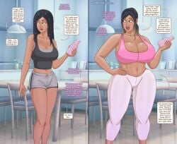 1girls ass_expansion before_and_after bimbofication breast_expansion cleavage gigantic_breasts hourglass_expansion hourglass_figure huge_ass huge_hips midriff milfification navel saturnxart sports_bra sportswear thick_thighs transformation wide_hips