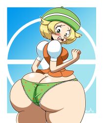 ass bianca_(pokemon) big_ass big_butt blonde_hair blush bubble_butt butt_cleavage butt_crack butt_expansion panties pokemon polka_dot_panties roga14