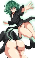 1girls ass cielr18 dress female female_only green_eyes green_hair hi_res large_ass one-punch_man pubic_hair solo tatsumaki thick_thighs thighs thong white_background wide_hips