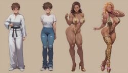 ai_generated ass_expansion bimbofication breast_expansion fdpdablizzard998 female hair_color_change hair_growth large_ass large_breasts leotard lip_expansion midriff navel thick_thighs thigh_expansion transformation transformation_sequence wide_hips