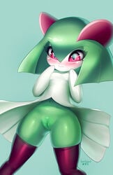 2017 anthro blush breasts female highres humanoid kirlia looking_at_viewer mammal nintendo nipples nude pokemon pokemon_(species) pussy red_eyes simple_background smile solo tawni_tailwind wide_hips young