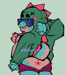 absurd_res anthro artist_name belly blush brawl_stars buzz_(brawl_stars) cartoony dinosaur dinosaur_hood fat gay green_body highres looking_back showing_ass simple_background smiling somehornydud3 tagme tail