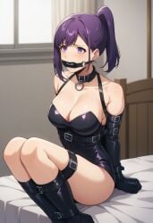 ai_generated armbinder bondage gagged latex purple_eyes purple_hair solo_leveling sung_jin_ah tied_up