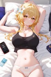 absurd_res ai_generated breasts cellphone condom condoms genshin_impact large_breasts laying_on_bed lumine_(genshin_impact) lying ministro navel panties pillow shirt