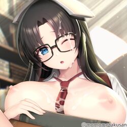 black_hair blue_eyes book bookshelf breasts cup female glasses highres kashiwamochi_yomogi large_breasts long_hair looking_at_viewer necktie nipples one_eye_closed panties paper read_or_die simulated_bukkake solo suggestive_fluid underwear yomiko_readman