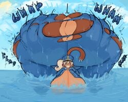 1girls admiral_brickell anthro ass_visible_from_the_front bloons_tower_defense clapping_cheeks cleavage colored errantheart huge_ass huge_breasts hyper hyper_ass monkey onomatopoeia partially_clothed ripped_clothing shaking_butt smile smiling solo solo_female solo_focus tail twerking water