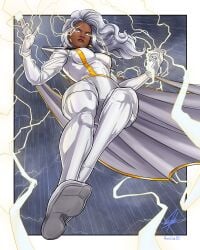 acezdib brown_skin glowing_eyes latex latex_suit lightning marvel marvel_comics ororo_munroe storm_(x-men) superhero white_hair white_suit x-men