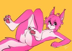 anthro ass balls bodily_fluids breasts canid canine cum fox fur genital_fluids genitals hi_res kunfen male male/male mammal pink_body pink_fur solo