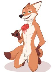 1boy 2017 animal_genitalia anthro balls canine disney duke_(artist) fox fur male male_only mammal nick_wilde nude open_mouth sheath simple_background smile solo tongue zootopia