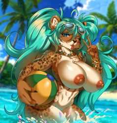 1girls ahoge anthro aqua_hair areola beach_ball big_areola big_nipples big_thighs blue_eyes bracelet brazil brazilian brazilian_female brazilian_miku breasts claws earrings feline female fur furrification furry hair_between_eyes hatsune_miku highres huge_areola huge_breasts huge_nipples huge_thighs jaguar jewelry large_breasts long_hair looking_at_viewer nature navel necklace nipples nude outdoors partially_submerged single_earring solo sunglasses sunglasses_on_head thick_hips thick_thighs thighs toned tongue twintails v very_long_hair vocaloid water weelzelu wink