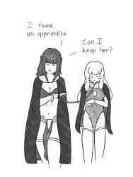 2girls adapted_costume alternate_costume apprentice arm_under_breasts bangs black_hair blush bodystocking bondage bound breasts bridal_gauntlets cape cleavage cleavage_cutout cosplay covered_navel covered_nipples embarrassed english_text female female_only femdom femsub fire_emblem fire_emblem:_three_houses fire_emblem_awakening holding holding_leash leash leotard limited_palette long_hair looking_at_viewer looking_away lysithea_von_ordelia mage medium_breasts multiple_girls nintendo pelvic_curtain pointing restrained small_breasts student teacher teacher_and_student tethered_angel text tharja_(fire_emblem) tharja_(fire_emblem)_(cosplay) wavy_mouth white_hair yuri