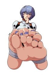 blue_hair blue_nails blue_toenails bodysuit close-up feet female_only foot_fetish foot_focus hand_over_mouth looking_at_viewer neon_genesis_evangelion painted_toenails plugsuit rei_ayanami stirrup_legwear toe_scrunch toes wrinkled_feet