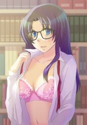 blue_eyes blush bra female glasses lingerie open_clothes open_shirt pink_bra read_or_die saeki_poteri shirt solo underwear yomiko_readman