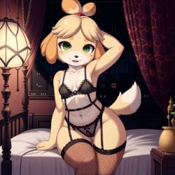 ai_generated animal_crossing furfantastic green_eyes isabelle_(animal_crossing) lingerie thick_thighs top_knot