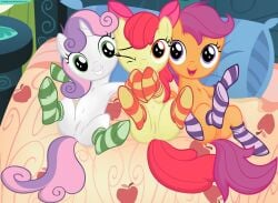 3girls anus apple_bloom_(mlp) bed clothing cub cutie_mark_crusaders equid equine feathered_wings feathers female feral footwear friendship_is_magic furniture furry genitals group hair hasbro hi_res horn horse junglepony legwear lying mammal my_little_pony mythological_creature mythological_equine mythology nude on_back one_eye_closed orange_body orange_feathers pegasus pillow pony pussy scootaloo_(mlp) smile socks spread_legs spreading sweetie_belle_(mlp) tail third-party_edit unicorn wings wink young young_feral