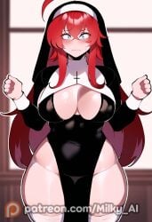 1girls ai_generated big_breasts blue_eyes blush embarrassed embarrassed_nude_female hi_res high_school_dxd long_hair looking_at_viewer milky_ai nun portrait red_hair rias_gremory standing straight thick_thighs wet