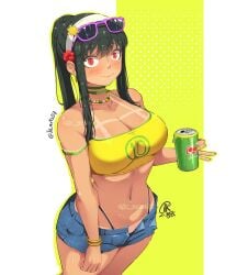 1girls alternate_costume black_hair breasts choker cleavage crop_top denim denim_shorts female female_only jk_arts07 large_breasts looking_at_viewer red_eyes shorts solo spy_x_family standing sunglasses sunglasses_on_head tagme tan-skinned_female tan_skin tank_top tanline whale_tail_(clothing) yor_briar yor_forger