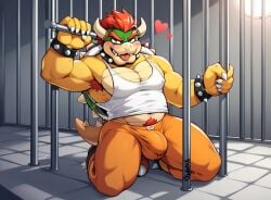 ai_generated bowser bulge gay gaylover16 hairy_armpits heart looking_at_you mario_(series) nintendo prison prison_cell prisoner smirking tank_top tongue_out white_tank_top