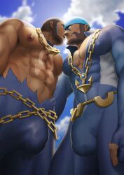 archie_(pokemon) balls bara beard bodysuit bulge facial_hair flaccid gay gorou_naoki headkerchief male male_only matt_(pokemon) muscles muscular nintendo penis pokemon team_aqua