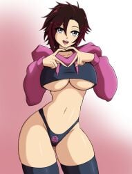 1girls big_breasts black_hair black_hair_female breasts female female_only half-dressed half_naked half_naked_female kmkz-art light-skinned_female paggi_outfit panties red_highlights ruby_rose ruby_rose_(atlas) rwby solo solo_female underboob