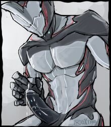 5_fingers abs alien anthro armor balls big_penis black_body black_skin bodily_fluids cum cum_on_hand cum_string digital_extremes erection excalibur_(warframe) faceless fingers genital_fluids genitals glowing glowing_body glowing_skin grey_background grey_balls grey_body grey_penis grey_skin headgear helmet hi_res humanoid machine male masturbation muscular muscular_male not_furry oxtra penis precum robot robot_humanoid simple_background solo solo_male tencent warframe warframe_(species) watermark