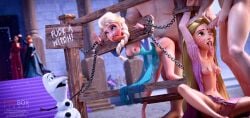 accurate_art_style anna_(frozen) bondage disney disney_princess elsa_(frozen) facial fireboxstudio frozen_(film) mother_gothel mouth_gag olaf_(frozen) public rape rapunzel restrained sisters stocks tangled topless