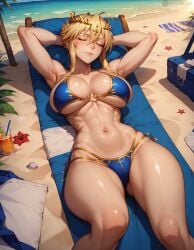 1girls ai_generated armpits arms_behind_head artoria_pendragon artoria_pendragon_(lancer) beach bikini closed_eyes fate/grand_order fate_(series) large_breasts lying on_back solo sunbathing thighs vertiloart