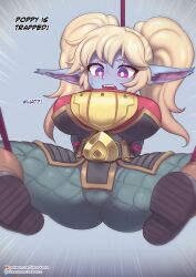 bondage clothed large_breasts league_of_legends poppy riot_games strongbana sweat text thick_thighs yordle