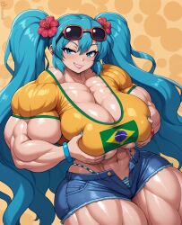 abs ai_assisted ai_generated azazellzai big_muscles blue_eyes blue_hair brazil brazilian brazilian_female brazilian_miku cleavage female flower_in_hair hands_on_own_chest hatsune_miku holding_own_breast long_hair muscular muscular_female muscular_thighs navel pubic_hair shorts solo sunglasses sunglasses_on_head thick_thighs thong thunder_thighs tight_clothing twintails vocaloid