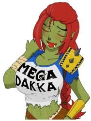 1girl 1girls big_breasts english_text eyelashes female female_focus female_only female_orc green_skin hair_squig khobotov long_hair mega_milk meme midriff nose_piercing nose_ring orc orc_female ork pauldron red_hair scar scar_across_eye shirt slim_waist sole_female text torn_clothes torn_clothing torn_shirt torn_t-shirt warhammer_(franchise) warhammer_40k