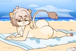 anthro ass beach big_butt exhibitionism felid feline finn_(itsjay) hi_res huge_butt lion male mammal nude pantherine pkfirefawx public public_nudity solo sultry_gaze sunscreen thick_thighs towel