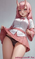 1girls ai_generated black_lace_panties black_panties blush camel_toe cameltoe elf_ears female female hi_res high_resolution highres horns ip_fox lifting_skirt long_hair panties patreon patreon_url patreon_username pink_hair pink_nails pink_skirt pink_sleeves posing posing_for_the_viewer purple_eyes room shirt shuna_(tensei_shitara_slime_datta_ken) skirt sleeveless_shirt tensei_shitara_slime_datta_ken uncensored url watermark web_address white_shirt