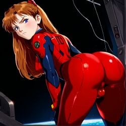 ai_generated arched_back asuka_langley_sohryu balls bent_over fat_ass femboy girly girly_boy looking_at_viewer looking_back neon_genesis_evangelion red_plugsuit shad small_balls solo space trap zorg98