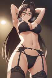 1girls ai_generated antenna_hair armpits arms_behind_head big_breasts bra breasts brown_hair busty cleavage female female_teacher garter_straps glasses gluteal_fold green_eyes hands_behind_head hasegawa_chisato heavy_breathing large_breasts lingerie long_hair looking_at_viewer low-angle_view mole mole_under_eye navel notreallyhere parted_bangs parted_lips pose posing seductive seductive_look semi-rimless_eyewear sensual sexy_armpits shinmai_maou_no_testament solo thighhighs toned underwear