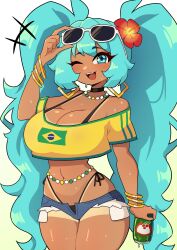 1girls ass big_ass big_breasts big_thighs brazil brazilian brazilian_female brazilian_miku breasts cleavage cyan_eyes cyan_hair dark-skinned_female dark_skin female female_only hatsune_miku huge_ass huge_thighs j5daigada latin_american_hatsune_miku_(meme) long_hair looking_at_viewer one_eye_closed shirt short_shorts shorts solo tagme tan tan_body tan_skin tanline thick_hips thick_thighs thighs thong twintails vocaloid wide_hips yellow_shirt