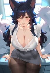 1girls ahri ai_generated ai_hands animal_ears artist_request big_ass big_breasts black_hair cleavage facial_markings female female_only fox_ears fox_girl fox_tail fox_tails glance grey_skirt kumiho large_breasts league_of_legends long_fingernails long_hair miniskirt multiple_tails nail_polish office_clothing office_lady pantyhose partially_unbuttoned pussy_juice riot_games short_sleeves sitting skirt solo source_request thighband_pantyhose whisker_markings white_fur white_shirt yellow_eyes