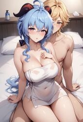 1boy 1girls :o aether_(genshin_impact) ai_generated bed bedroom big_breasts blonde_hair blue_hair civitai ganyu_(genshin_impact) genshin_impact goat_horns horns hoyoverse looking_at_viewer mihoyo muscular muscular_male naked naked_towel nude sitting sitting_on_bed sitting_on_person towel vicixx wide_hips yellow_eyes yellow_hair