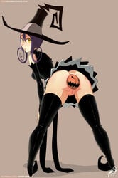 anal anal_beads anal_insertion ass bent_over blair_(soul_eater) clothes elbow_gloves female hat huge_anal_beads human humanoid looking_at_viewer looking_back pumpkin pumpkin_anal_beads pumpkin_in_ass purple_hair pussy sillygirl simple_background sinner skirt soul_eater thigh_highs upskirt vagina witch witch_hat yellow_eyes