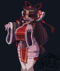 alternate_costume arms_out artist_request black_hair jiangshi jiangshi_costume long_hair one_eye_covered pixel_art red_eyes reimu_hakurei talisman touhou wide_hips