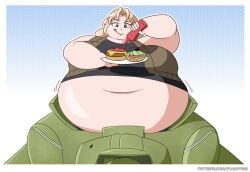 bbw belly_button big_belly blonde_female blonde_hair burger chubby chubby_female eating fat fat_female fat_fetish kay_(girls_und_panzer) morbidly_obese_female obese obese_female overweight overweight_female plump_pine ssbbw stuck tank tank_top