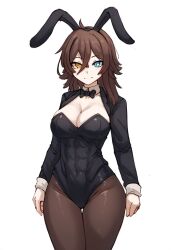 abs ai_generated bunny_ears bunnysuit cleavage clothed hismajestyii novelai original pantyhose playboy_bunny seiko_tanaka_(hismajestyii) thighs toned toned_female