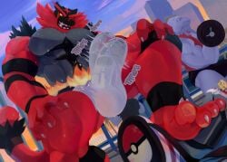 abs anthro balls biceps bodybuilder cum cum_on_penis cumming excessive_cum flexing furry gay hyper hyper_balls hyper_genitalia hyper_muscles hyper_penis hyper_testicles incineroar kunn_(artist) machoke male male_focus male_only muscles muscular muscular_arms muscular_ass muscular_back muscular_legs muscular_male muscular_thighs nipples pecs penis penis_growth pokemon pokemon_(species) precum_through_clothing testicles underwear veins veiny_penis vore