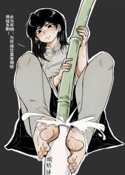 absurdres bamboo barefoot black_eyes black_hair blush body_blush china_dress chinese_clothes chinese_text clenched_teeth comic dress edke feet female fingernails foot_fetish foot_focus glass_bottle grey_background highres holding_bamboo_shoot holding_with_feet identity_v milk milk_churn qi_shiyi simulated_footjob soles teeth toenails toes